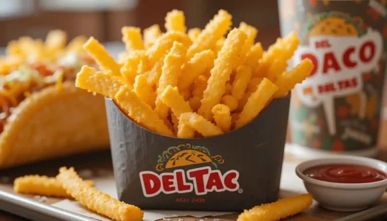 "Del Taco fries served hot and crispy in branded packaging with ketchup and visible Del Taco logo on cup or napkin"