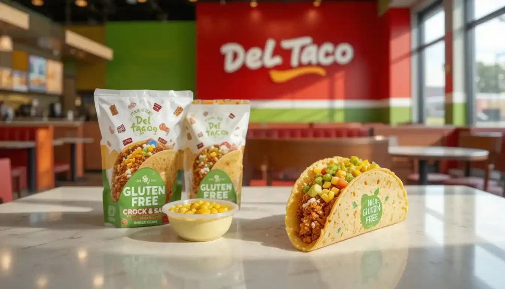 A selection of Del Taco gluten free menu items displayed on a clean table inside a Del Taco restaurant, featuring a gluten-free chicken taco, corn salsa, and guacamole, all in branded packaging with visible gluten-free labels, set against the restaurant's red, green, and white interior with the Del Taco logo.