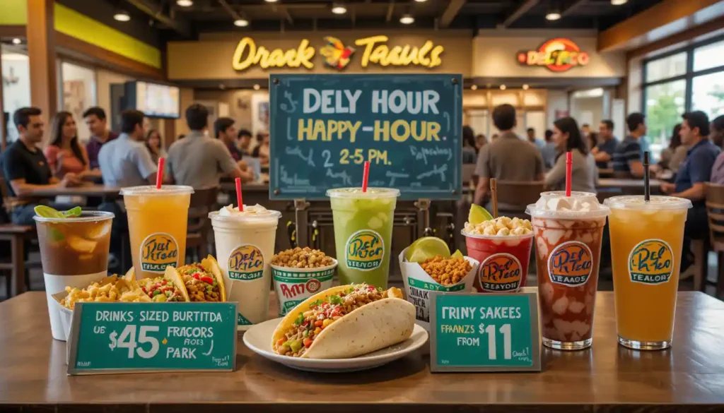 Del Taco happy hour with discounted tacos, drinks, and snacks served inside a Del Taco restaurant with Happy Hour signage and the Del Taco logo in the background.