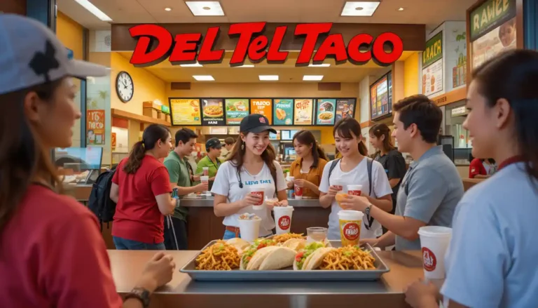 "Del Taco lunch hours scene with tacos and burritos served during midday and visible Del Taco logo on packaging and restaurant sign
