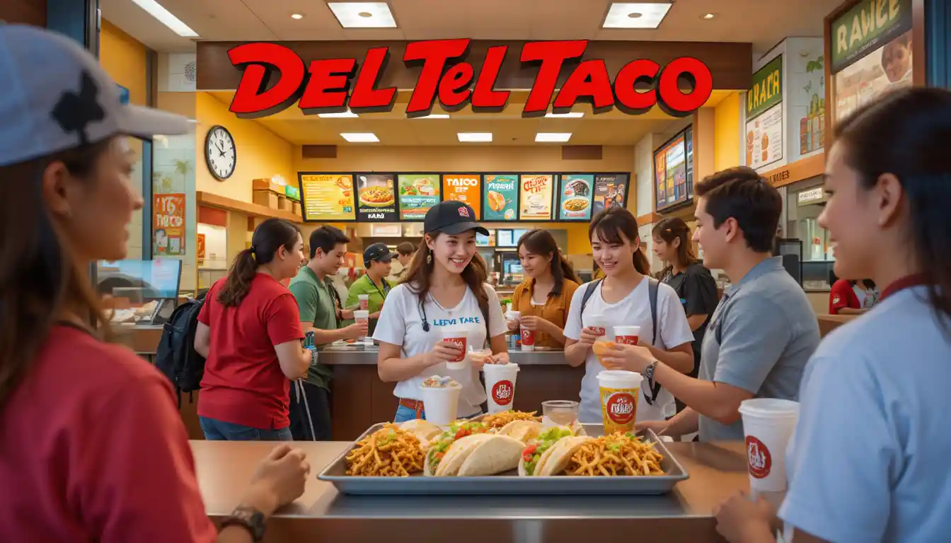 "Del Taco lunch hours scene with tacos and burritos served during midday and visible Del Taco logo on packaging and restaurant sign