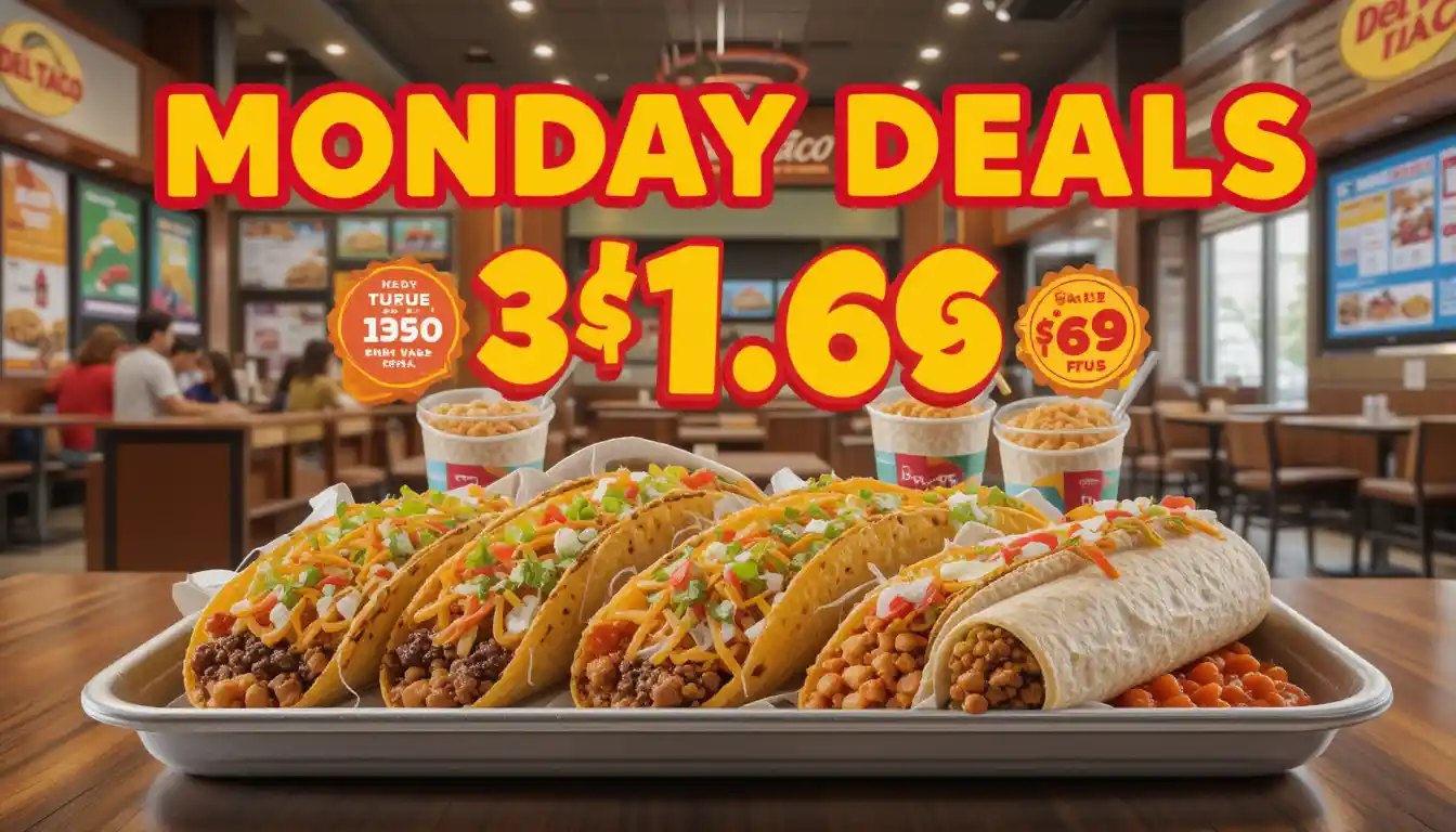 Del Taco Monday Deals – Save Big on Tacos & More Today 1 Del Taco Monday deals with tacos and burritos on a tray, shown inside a Del Taco restaurant with special pricing and the Del Taco logo in the background.