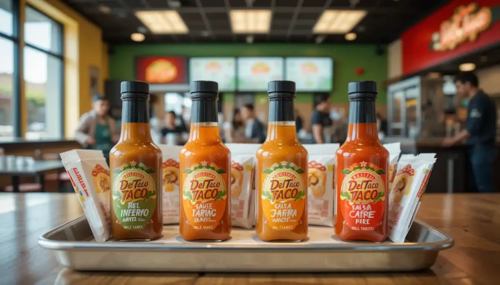 del taco sauces packets displayed on table with del taco logo in restaurant background