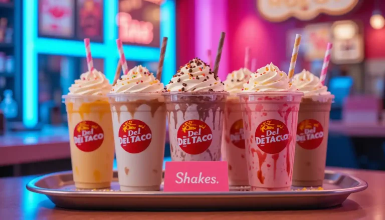 "Del Taco Shakes Menu with chocolate, vanilla, and strawberry shakes in branded cups topped with whipped cream and visible Del Taco logo"