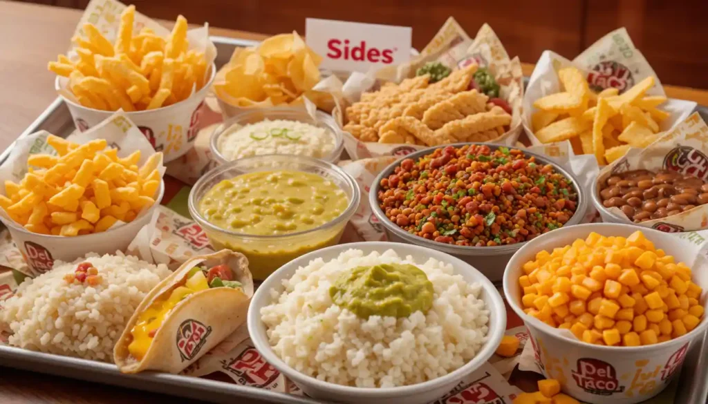"Del Taco Sides including crinkle-cut fries, chips & queso, rice, beans, and guacamole served in branded packaging with visible Del Taco logo"