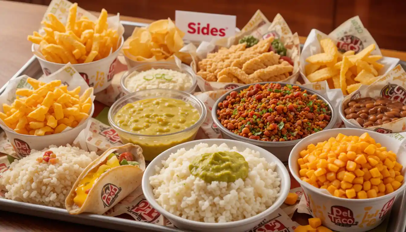 "Del Taco Sides including crinkle-cut fries, chips & queso, rice, beans, and guacamole served in branded packaging with visible Del Taco logo"