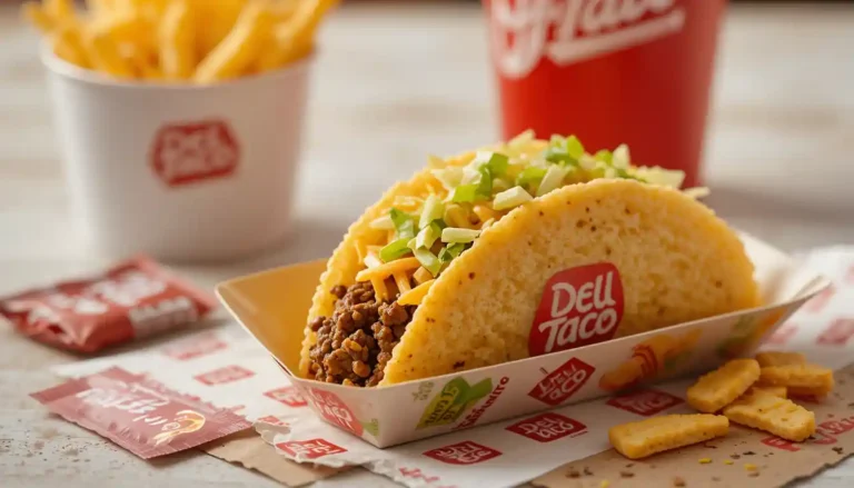 "Del Taco Snack Taco with seasoned beef, lettuce, and cheese served in branded wrapper with visible Del Taco logo"