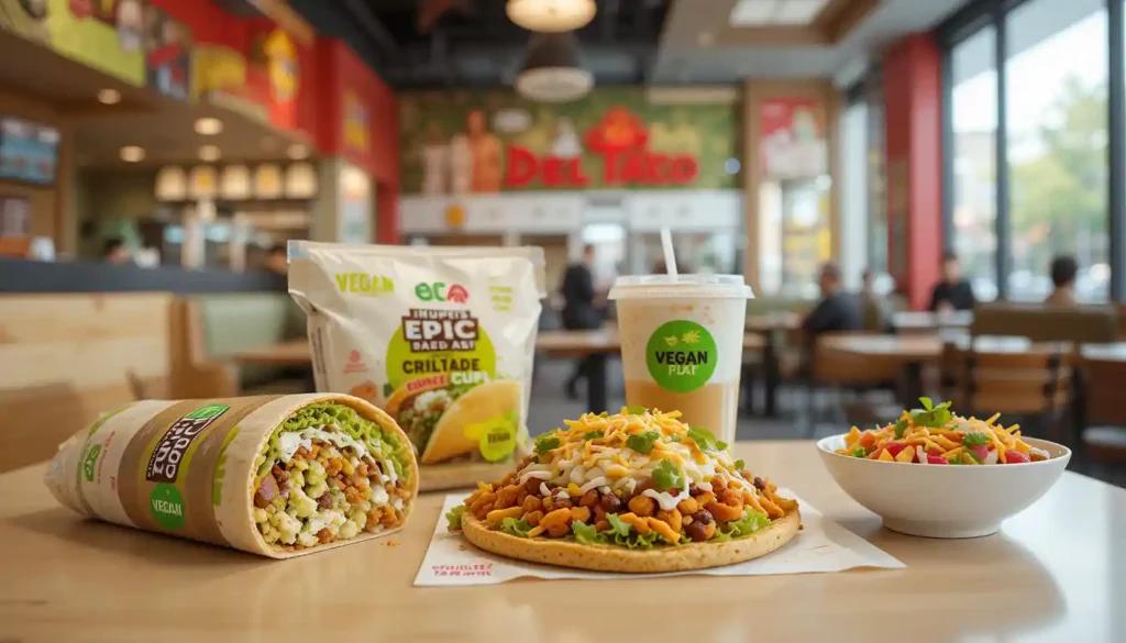 Del Taco Vegan menu items on table with packaging and del taco logo in restaurant background