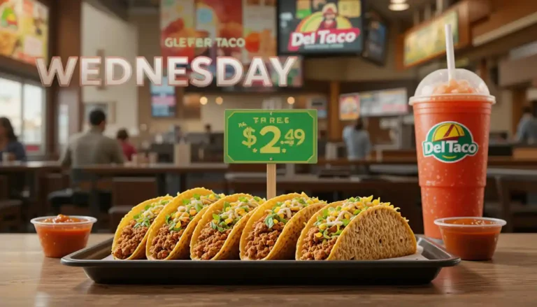 Del Taco Wednesday specials featuring tacos and value items served inside a Del Taco restaurant with promotional pricing and the Del Taco logo in the background.
