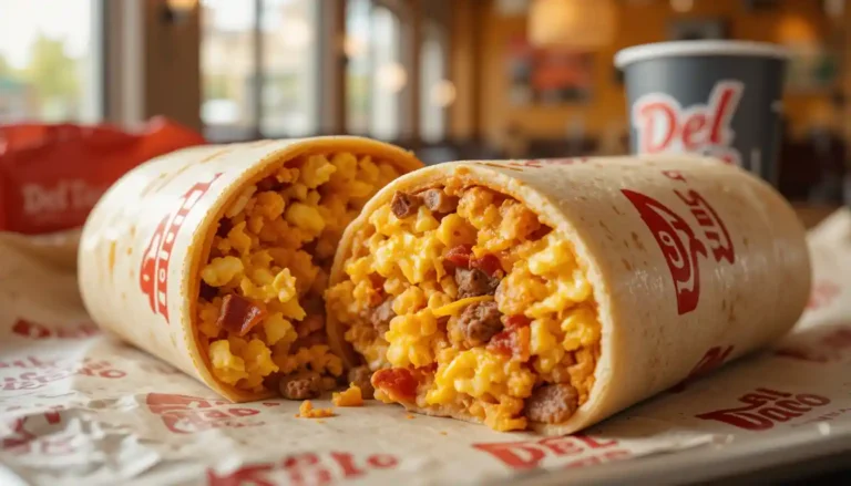 Del Taco Breakfast Burrito filled with eggs, bacon, cheese, and hash browns, served warm in branded packaging inside a bright restaurant setting.
