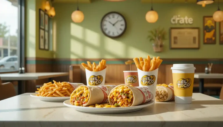 Del Taco breakfast items including a burrito, hashbrown sticks, and coffee served in the morning inside a restaurant, representing Del Taco breakfast hours.