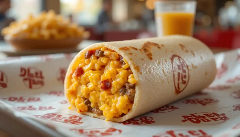 Del Taco Breakfast Roller filled with scrambled eggs, cheese, and bacon, served warm in branded packaging inside a casual restaurant setting.