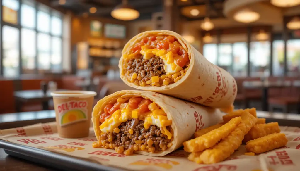 Del Taco Carne Asada Steak Breakfast Burrito Meal with eggs, cheese, hash brown sticks, and a drink served in branded packaging inside a casual restaurant setting.