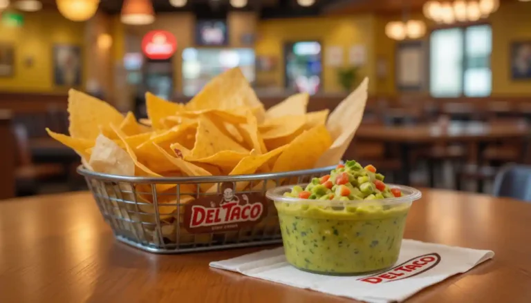 Del Taco Chips and Fresh House-made Guac served in branded packaging with the Del Taco logo, featuring golden tortilla chips and chunky guacamole inside a restaurant setting