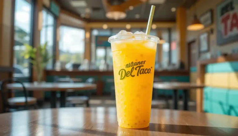 Del Taco Mango Pineapple Lemonade Poppers drink served chilled with bursting boba in a clear cup, inside a bright and casual restaurant setting.