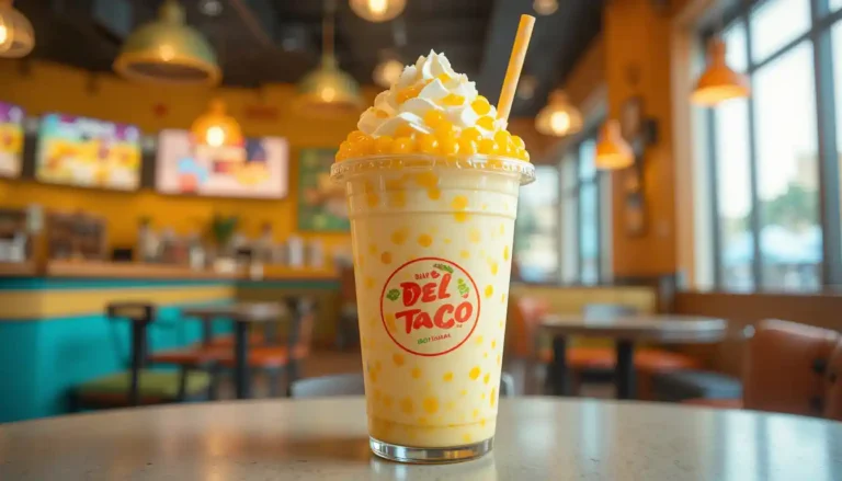 Del Taco Mango Pineapple Poppers Shake in a clear cup with bursting boba and a creamy tropical blend, served inside a bright restaurant setting.