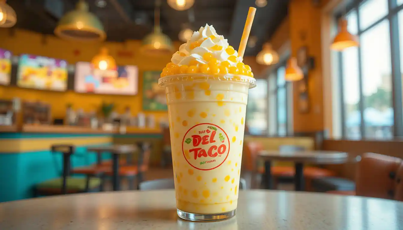 Del Taco Mango Pineapple Poppers Shake Price & Calories 2025 1 Del Taco Mango Pineapple Poppers Shake in a clear cup with bursting boba and a creamy tropical blend, served inside a bright restaurant setting.