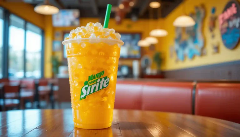 Del Taco Mango Pineapple Sprite Poppers drink in a clear cup with tropical colors and bursting boba, served cold inside a restaurant setting.