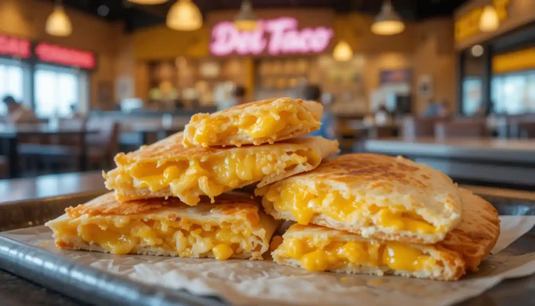 Del Taco Mini Cheddar Quesadilla with melted cheese and crispy edges, served hot on a tray inside a casual restaurant setting.