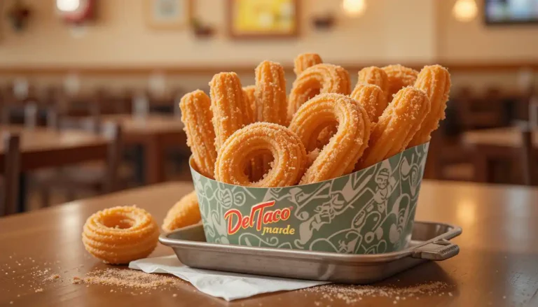 Del Taco Mini Cinnamon Churros with cinnamon sugar served in branded packaging featuring the Del Taco logo, inside a casual restaurant setting.