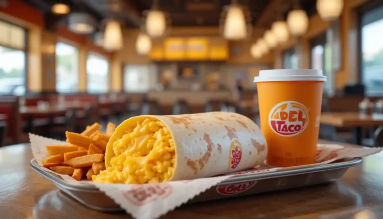 Del Taco Egg and Cheese Breakfast Burrito Meal with hash brown sticks and a drink, served in branded packaging inside a casual breakfast setting.