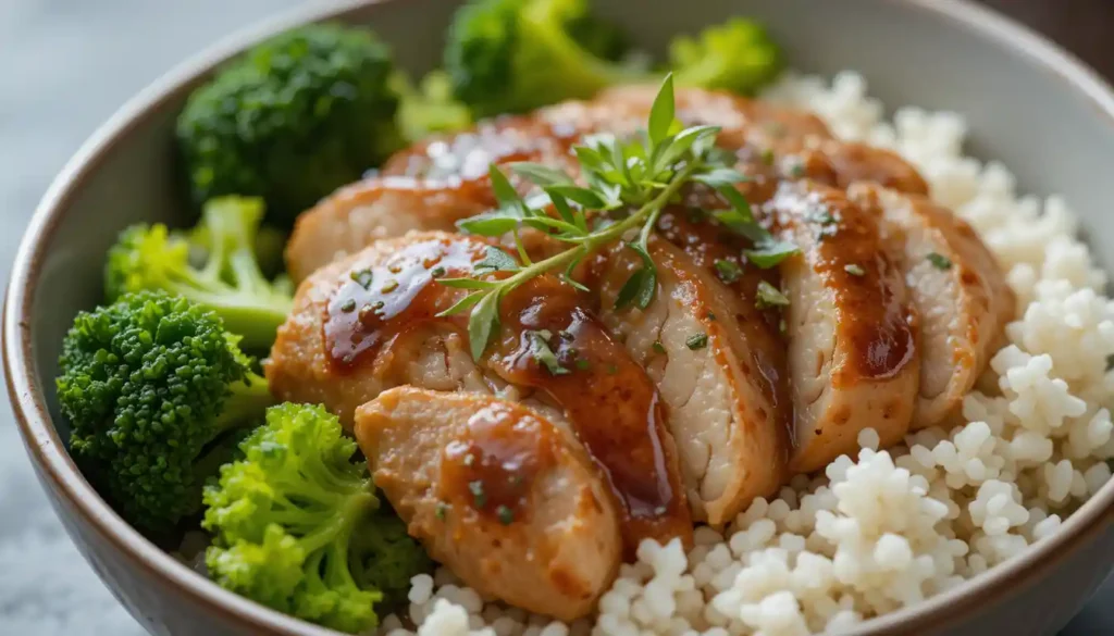 A mouth-watering close-up of a Teriyaki Chicken Bowl with perfectly glazed and sliced chicken breast, fluffy white rice, and vibrant green broccoli florets. The chicken is garnished with fresh rosemary