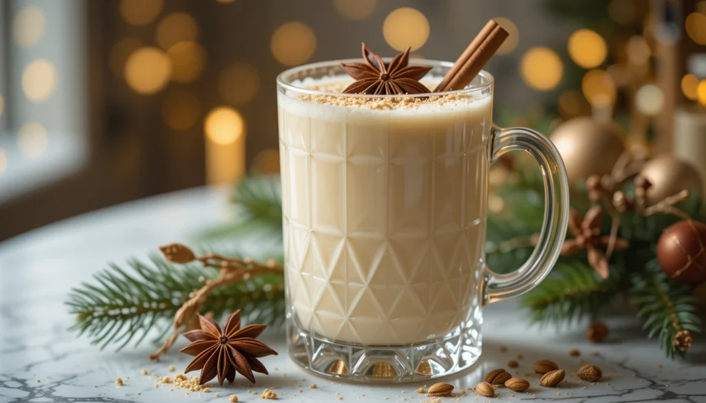 Elegant glass of creamy Classic Eggnog Homemade Recipe topped with nutmeg, cinnamon, and star anise, styled with festive holiday décor.