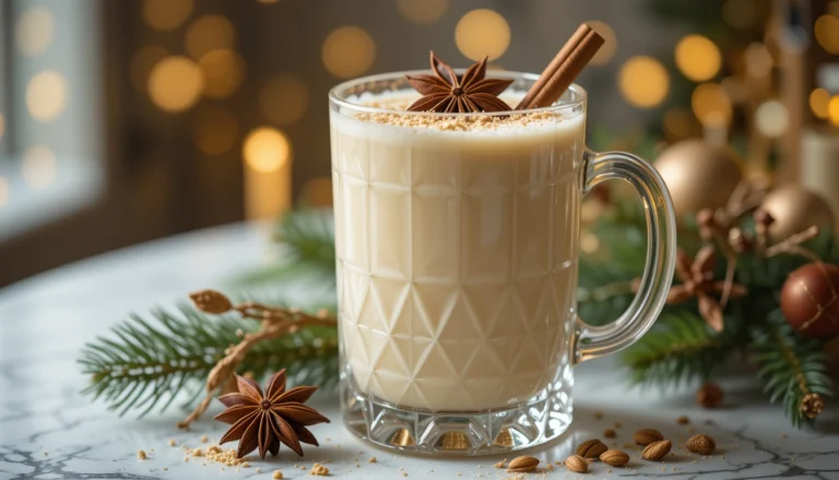 Elegant glass of creamy Classic Eggnog Homemade Recipe topped with nutmeg, cinnamon, and star anise, styled with festive holiday décor.